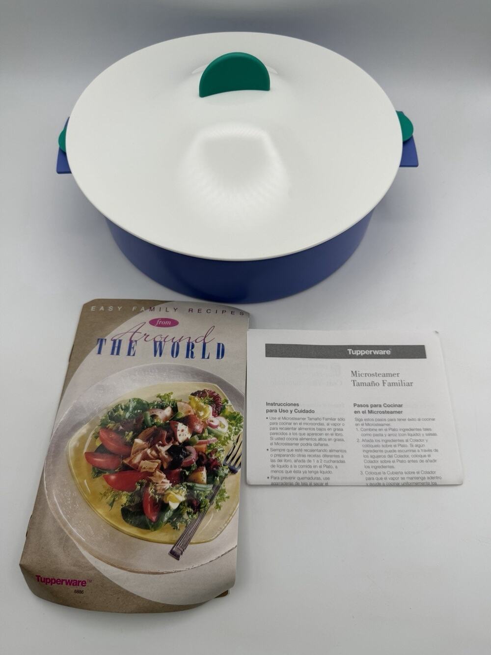 Vintage Tupperware Microwave Steamer 3066A-1 Purple Teal White 3 Piece 9" Round